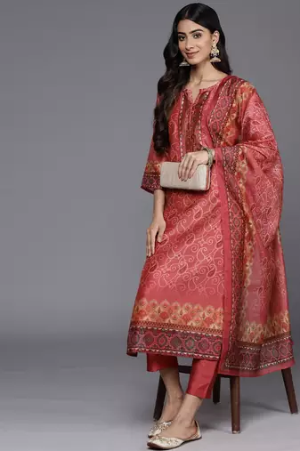 Bandhani Printed Regular Chanderi Silk Kurta with Trousers & With Dupatta