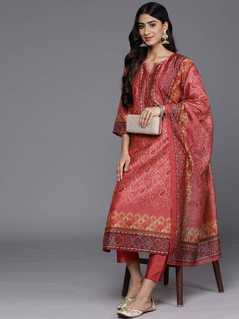 Bandhani Printed Regular Chanderi Silk Kurta with Trousers & With Dupatta