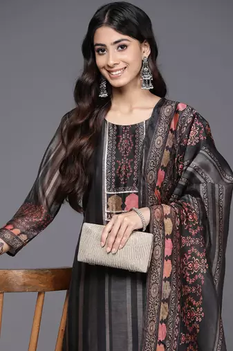 Ethnic Motifs Printed Regular Chanderi Silk Kurta with Trousers & With Dupatta