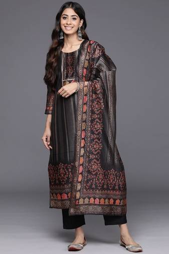 Ethnic Motifs Printed Regular Chanderi Silk Kurta with Trousers & With Dupatta