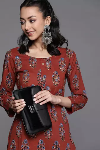Women Rust Floral Printed Pure Cotton Kurta with Palazzos