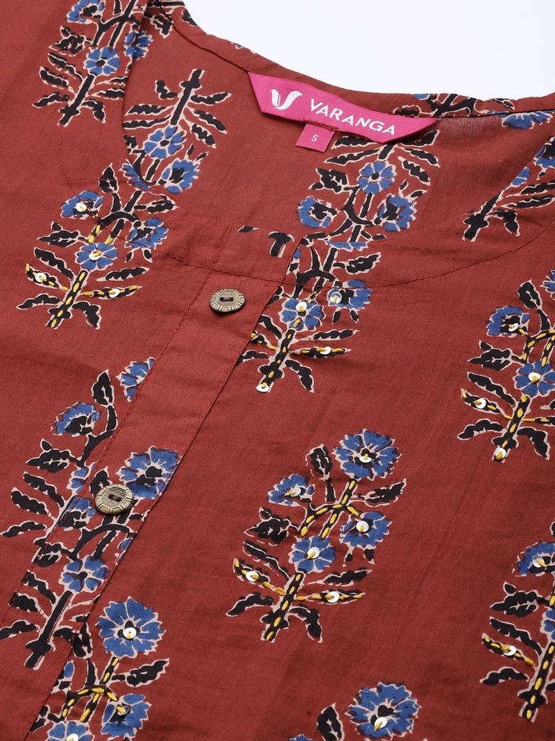 Women Rust Floral Printed Pure Cotton Kurta with Palazzos
