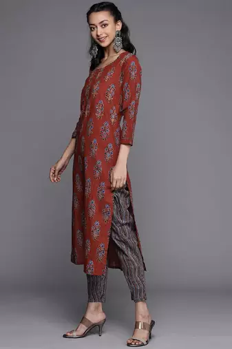 Women Rust Floral Printed Pure Cotton Kurta with Palazzos