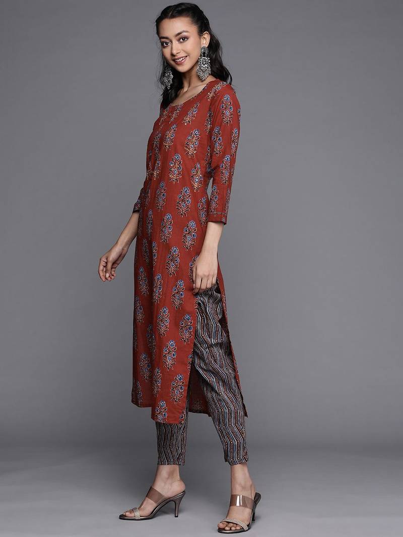Women Rust Floral Printed Pure Cotton Kurta with Palazzos