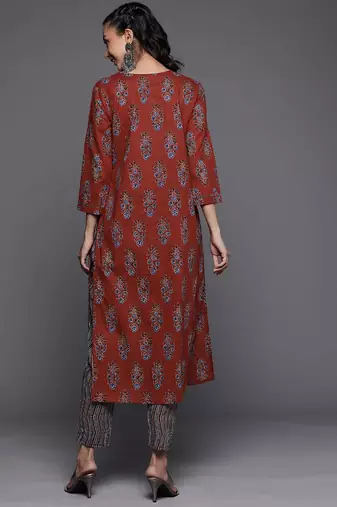 Women Rust Floral Printed Pure Cotton Kurta with Palazzos