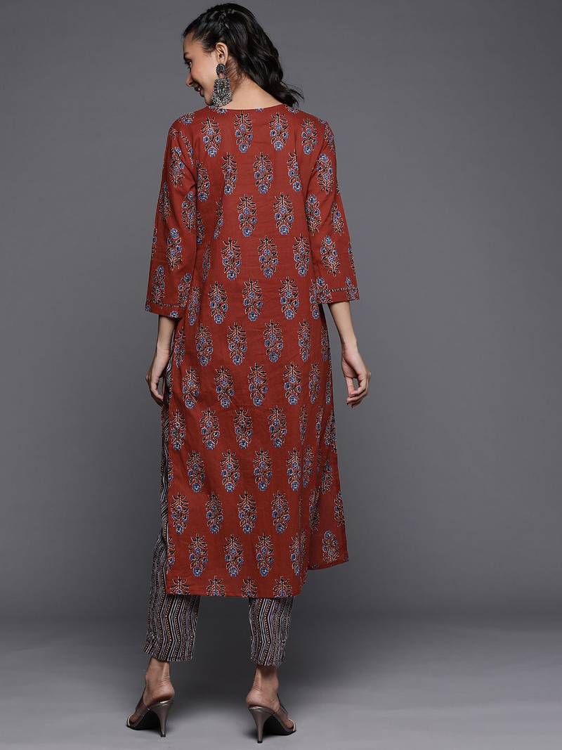 Women Rust Floral Printed Pure Cotton Kurta with Palazzos