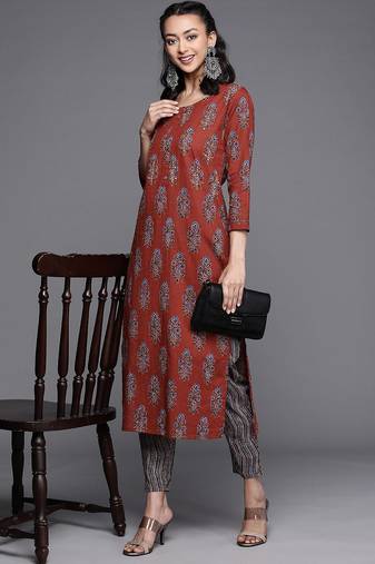 Women Rust Floral Printed Pure Cotton Kurta with Palazzos