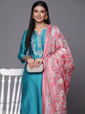 Turquoise Blue Thread Embroidered Yoke Kurta with Trouser with Printed Dupatta 2