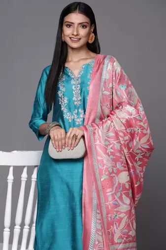 Turquoise Blue Thread Embroidered Yoke Kurta with Trouser with Printed Dupatta