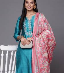 Turquoise Blue Thread Embroidered Yoke Kurta with Trouser with Printed Dupatta