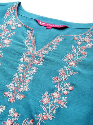 Turquoise Blue Thread Embroidered Yoke Kurta with Trouser with Printed Dupatta 3