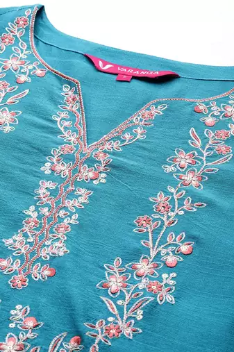 Turquoise Blue Thread Embroidered Yoke Kurta with Trouser with Printed Dupatta