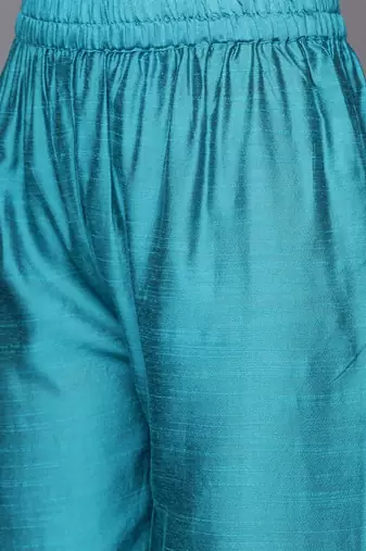 Turquoise Blue Thread Embroidered Yoke Kurta with Trouser with Printed Dupatta