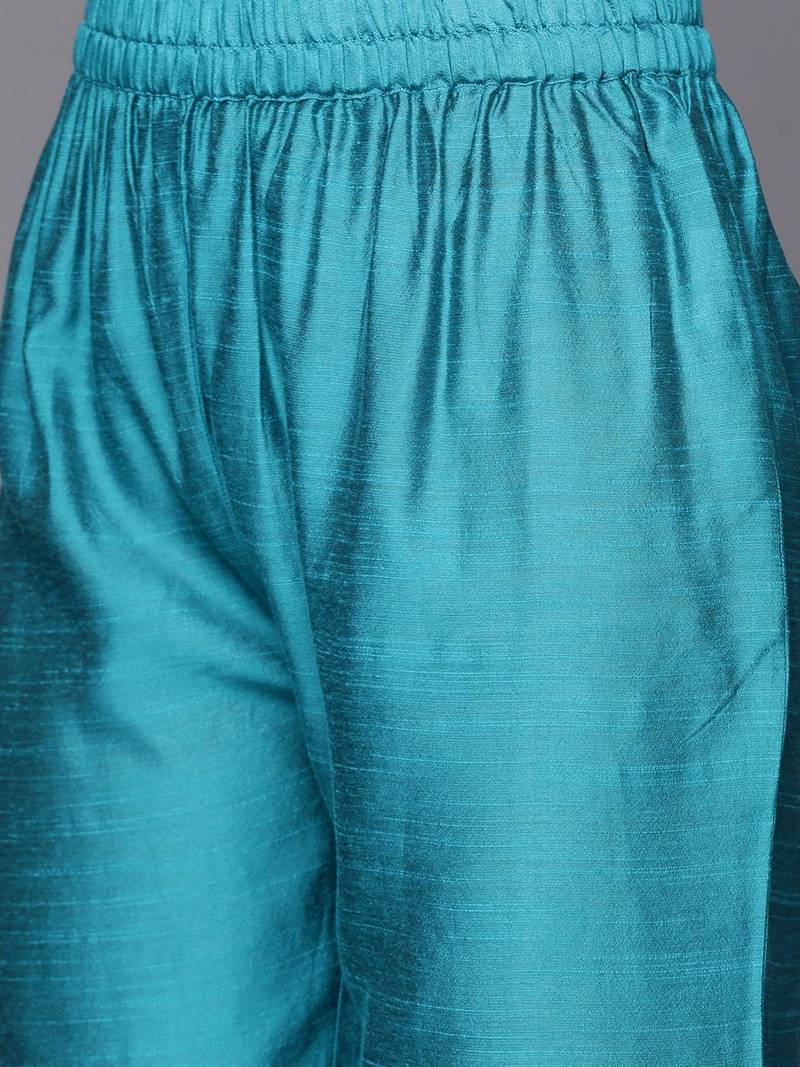 Turquoise Blue Thread Embroidered Yoke Kurta with Trouser with Printed Dupatta