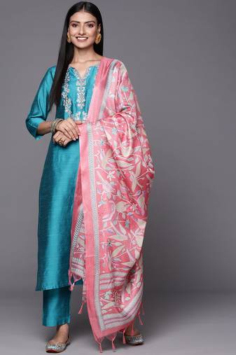 Turquoise Blue Thread Embroidered Yoke Kurta with Trouser with Printed Dupatta