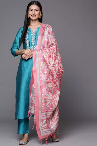 Turquoise Blue Thread Embroidered Yoke Kurta with Trouser with Printed Dupatta