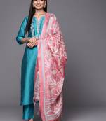 Turquoise Blue Thread Embroidered Yoke Kurta with Trouser with Printed Dupatta