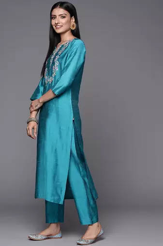 Turquoise Blue Thread Embroidered Yoke Kurta with Trouser with Printed Dupatta