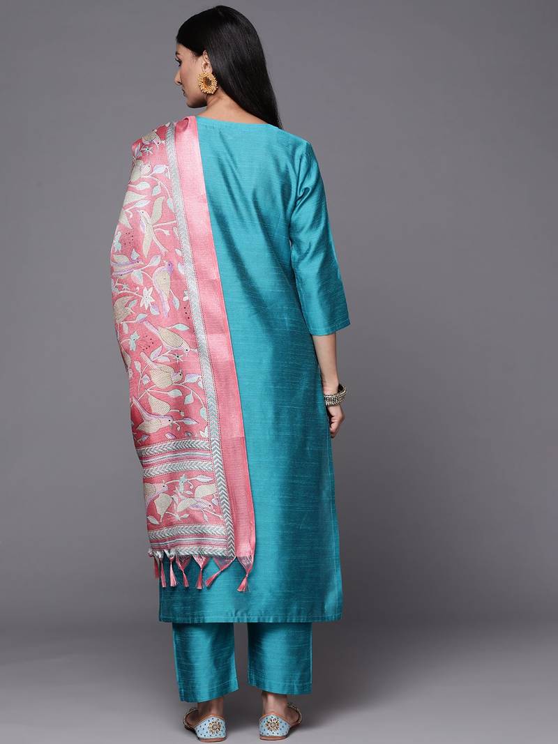 Turquoise Blue Thread Embroidered Yoke Kurta with Trouser with Printed Dupatta