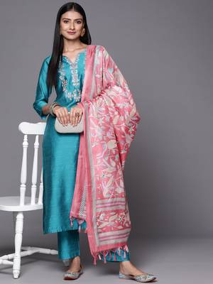 Turquoise Blue Thread Embroidered Yoke Kurta with Trouser with Printed Dupatta 8