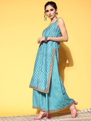 Women Turquoise Blue Leheriya Striped Mirror Work Kurta with Palazzos & Dupatta 1