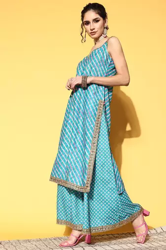 Women Turquoise Blue Leheriya Striped Mirror Work Kurta with Palazzos & Dupatta