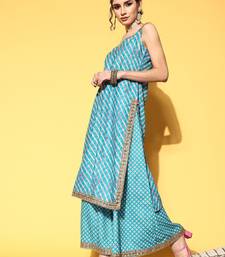 Women Turquoise Blue Leheriya Striped Mirror Work Kurta with Palazzos & Dupatta