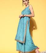 Women Turquoise Blue Leheriya Striped Mirror Work Kurta with Palazzos & Dupatta