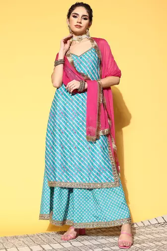 Women Turquoise Blue Leheriya Striped Mirror Work Kurta with Palazzos & Dupatta