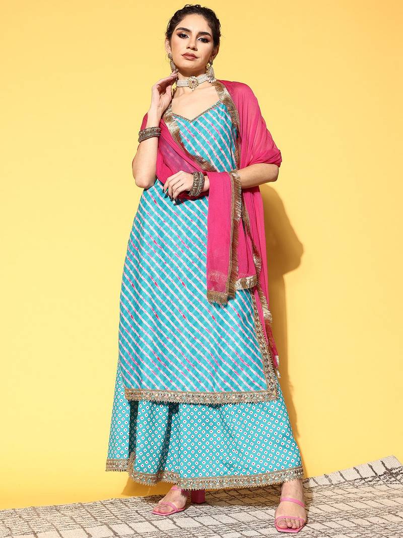 Women Turquoise Blue Leheriya Striped Mirror Work Kurta with Palazzos & Dupatta
