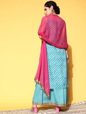 Women Turquoise Blue Leheriya Striped Mirror Work Kurta with Palazzos & Dupatta 3