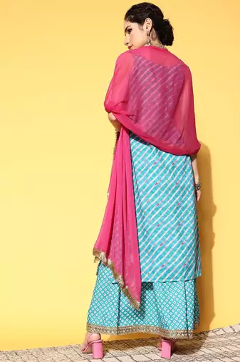 Women Turquoise Blue Leheriya Striped Mirror Work Kurta with Palazzos & Dupatta
