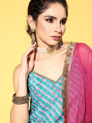 Women Turquoise Blue Leheriya Striped Mirror Work Kurta with Palazzos & Dupatta 4