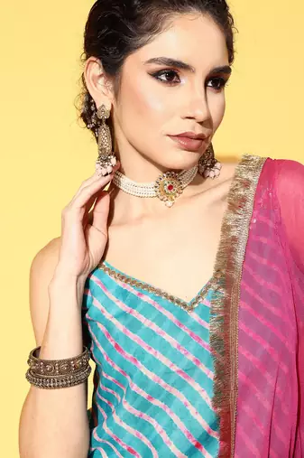Women Turquoise Blue Leheriya Striped Mirror Work Kurta with Palazzos & Dupatta