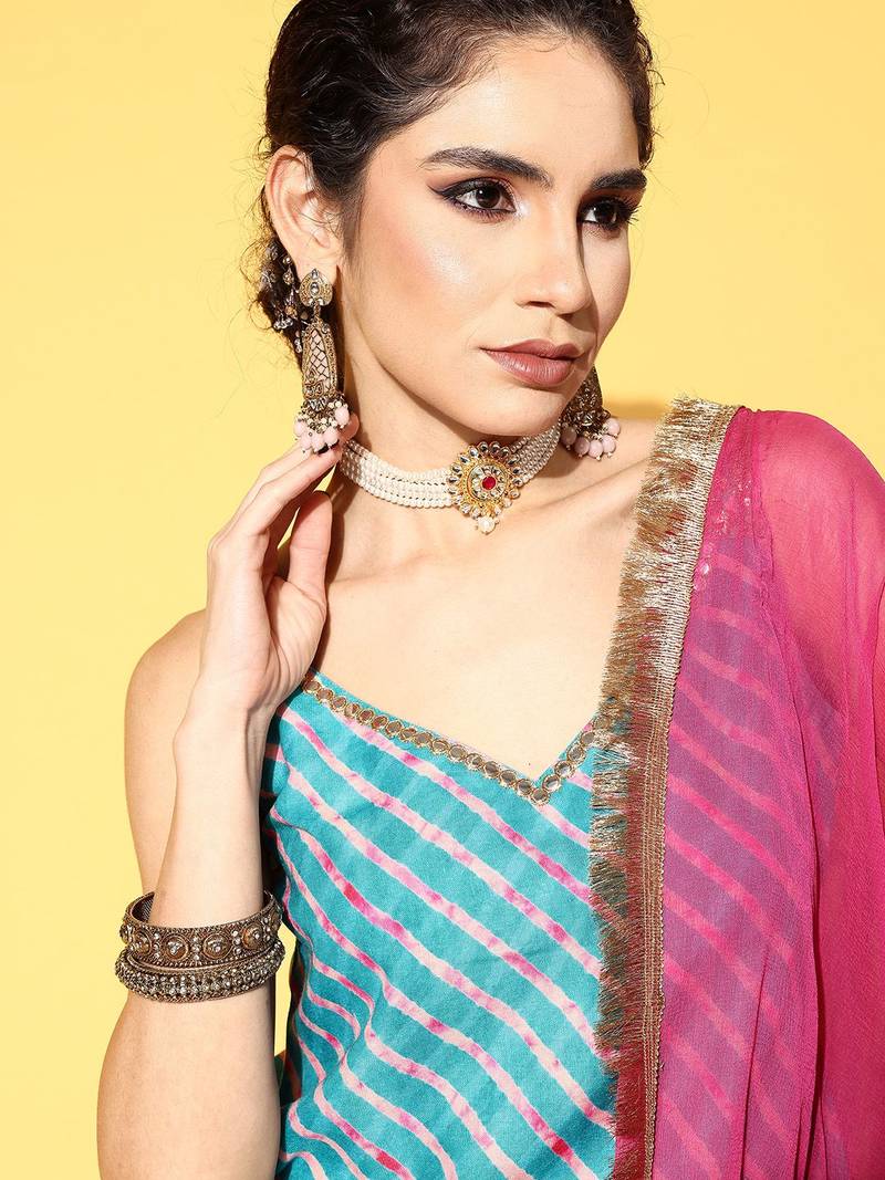 Women Turquoise Blue Leheriya Striped Mirror Work Kurta with Palazzos & Dupatta