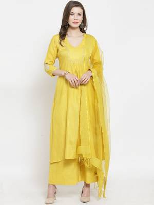 Women Yellow Solid Kurti with Palazzos & Dupatta 1