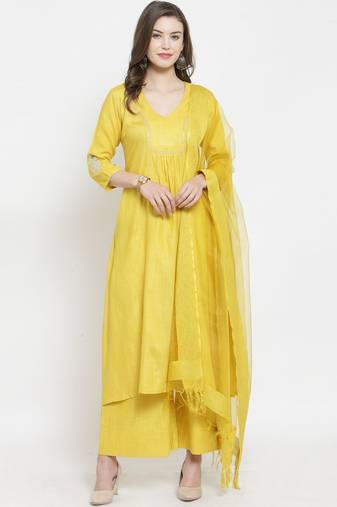 Women Yellow Solid Kurti with Palazzos & Dupatta