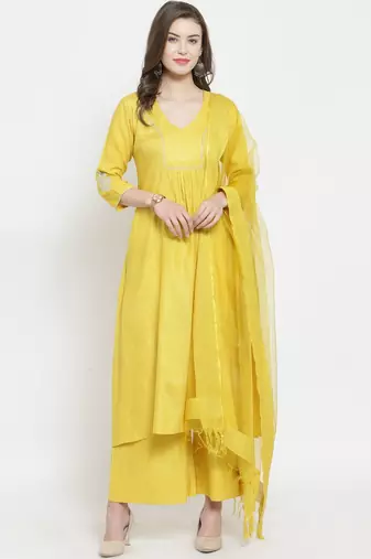 Women Yellow Solid Kurti with Palazzos & Dupatta