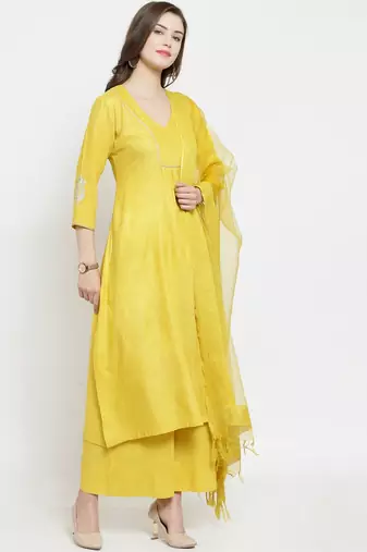 Women Yellow Solid Kurti with Palazzos & Dupatta
