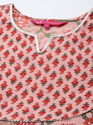 Women Peach-Coloured Floral Printed Empire Gotta Patti Pure Cotton Kurta with Trousers & With 3