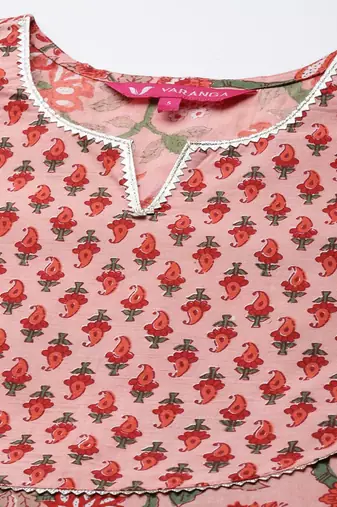 Women Peach-Coloured Floral Printed Empire Gotta Patti Pure Cotton Kurta with Trousers & With