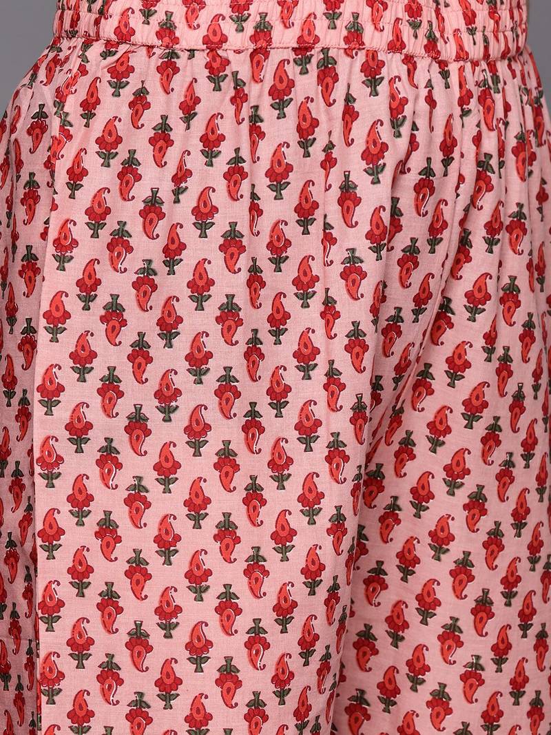 Women Peach-Coloured Floral Printed Empire Gotta Patti Pure Cotton Kurta with Trousers & With