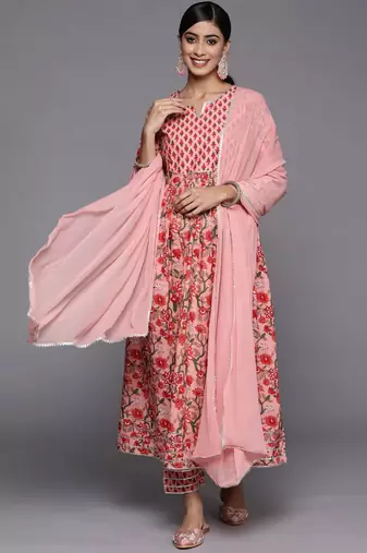 Women Peach-Coloured Floral Printed Empire Gotta Patti Pure Cotton Kurta with Trousers & With