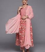Women Peach-Coloured Floral Printed Empire Gotta Patti Pure Cotton Kurta with Trousers & With