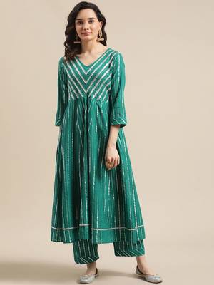 Green & Silver-Colored Lurex Heavy Gotta Work Anarkali Kurta Trouser Set 1