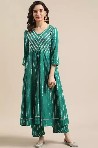 Green & Silver-Colored Lurex Heavy Gotta Work Anarkali Kurta Trouser Set
