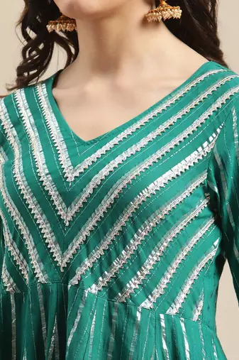 Green & Silver-Colored Lurex Heavy Gotta Work Anarkali Kurta Trouser Set
