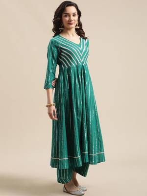 Green & Silver-Colored Lurex Heavy Gotta Work Anarkali Kurta Trouser Set 4