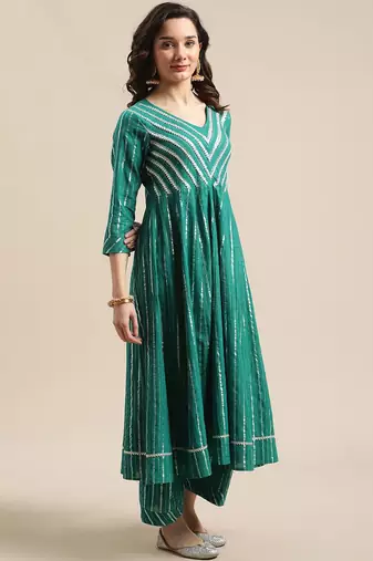 Green & Silver-Colored Lurex Heavy Gotta Work Anarkali Kurta Trouser Set