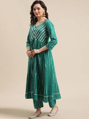 Green & Silver-Colored Lurex Heavy Gotta Work Anarkali Kurta Trouser Set 5